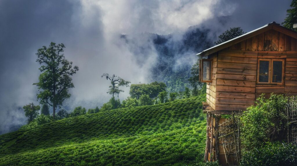 A scenic view of foggy hills with a wooden house in rural Lingthem, India.